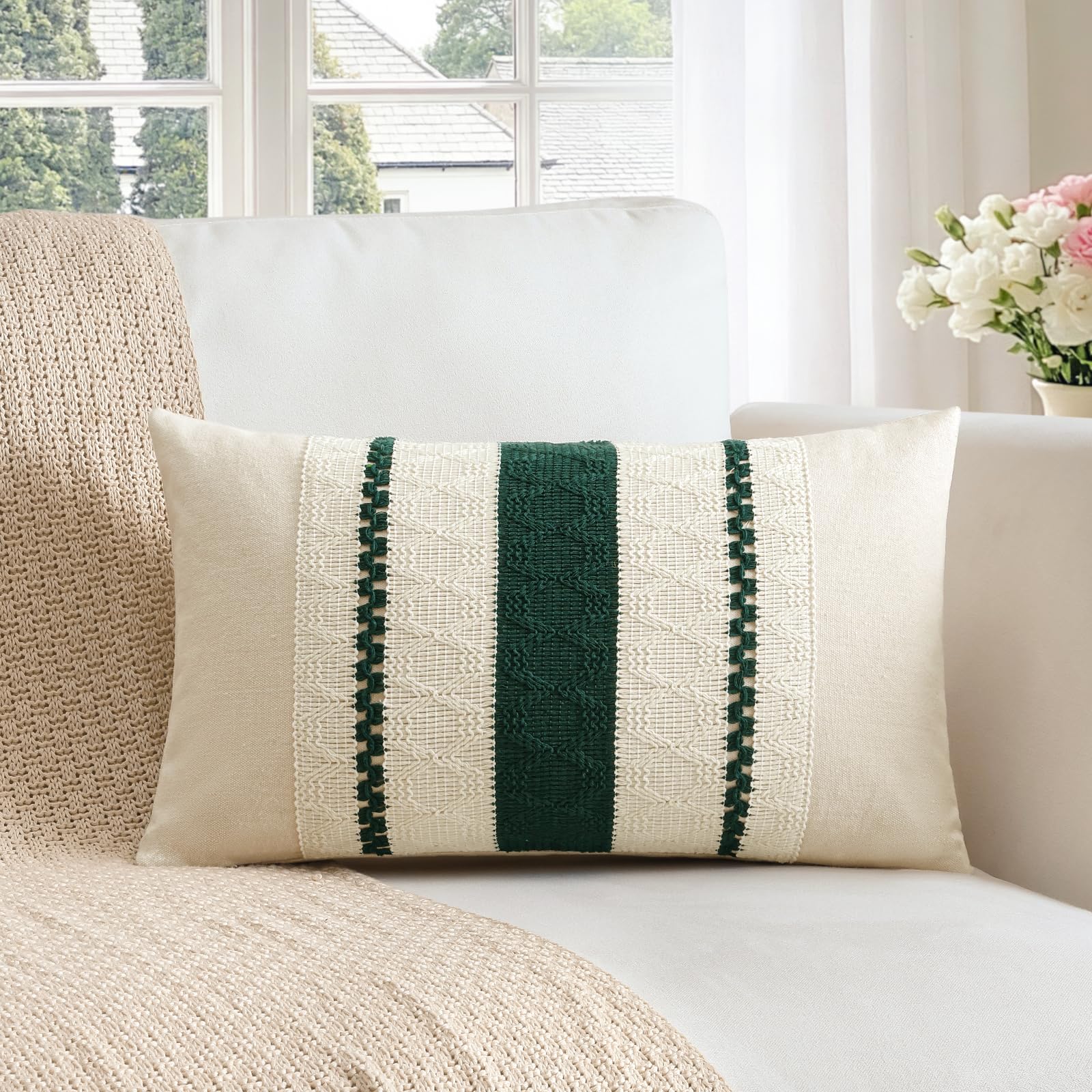Sungeek Set of 1 Dark Green Boho Decorative Cushion Cover 40x60cm Soft Cotton Throw Pillow Case Farmhouse Rustic Woven Textured Lumbar Pillow Cover 16x24 Inch for Sofa Bed Couch Patio Living Room