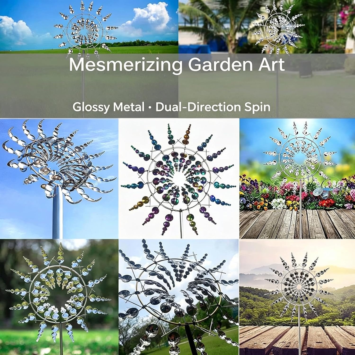 Metal Wind Spinners Outdoor 37" – Dual-Direction Garden Art, Glossy Reflective Bird Deterrent for Yard & Patio, Easy Install (Colorful)