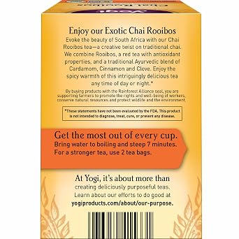 Yogi Tea Chai Rooibos Tea - 16 Tea Bags per Pack (4 Packs) - Spiced Organic Rooibos Tea - Provides Antioxidants - Caffeine-Free - Includes Cardamom, Cinnamon, Ginger & Clove