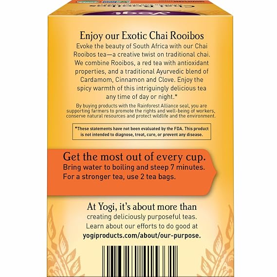 Yogi Tea Chai Rooibos Tea - 16 Tea Bags per Pack (4 Packs) - Spiced Organic Rooibos Tea - Provides Antioxidants - Caffeine-Free - Includes Cardamom, Cinnamon, Ginger & Clove