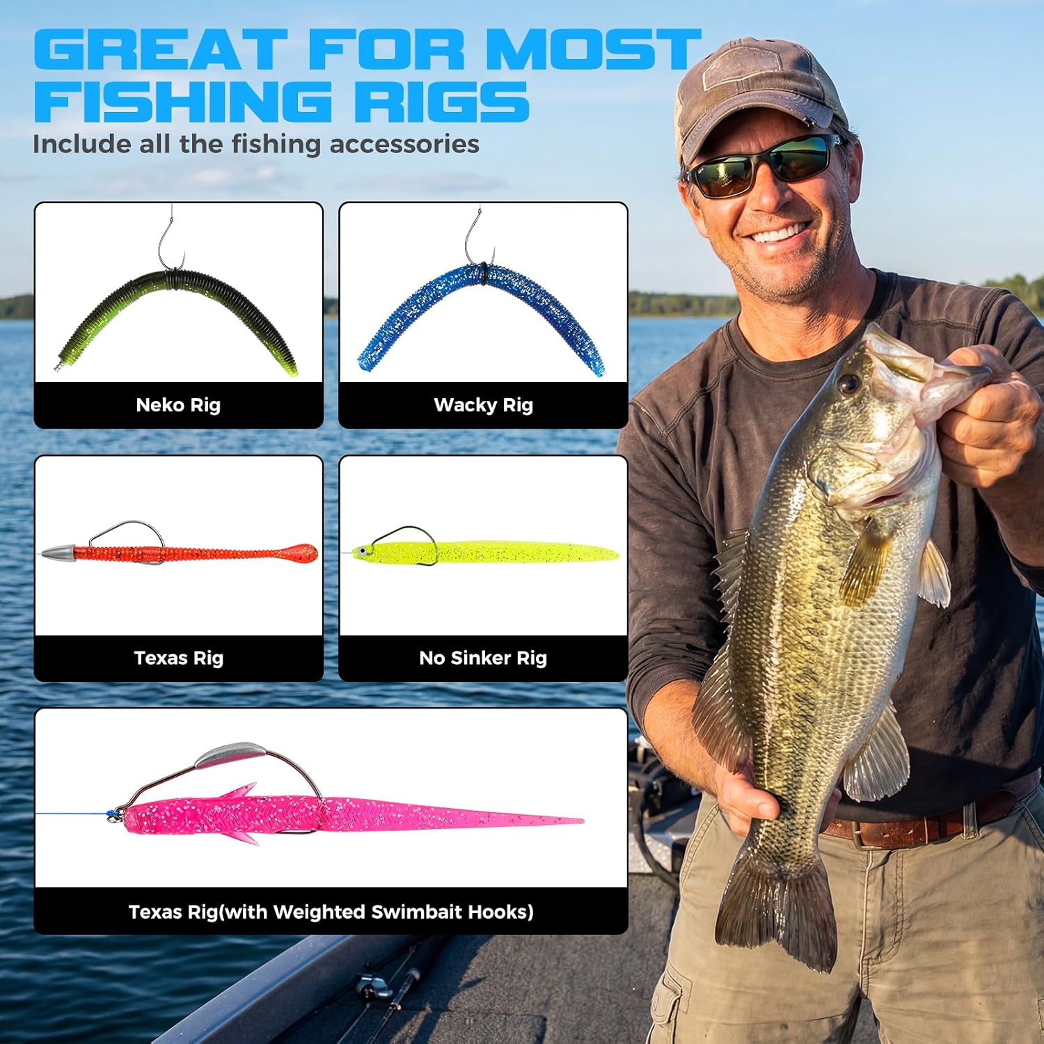 TOPFORT Fishing Lures, Bass Fishing Kit with Wacky Worm, Fishing Worms for Bass Fishing, Soft Plastic Baits with Hooks, Weights, Fishing Accessories, Fishing Gear Fishing Gifts for Men with Tackle Box