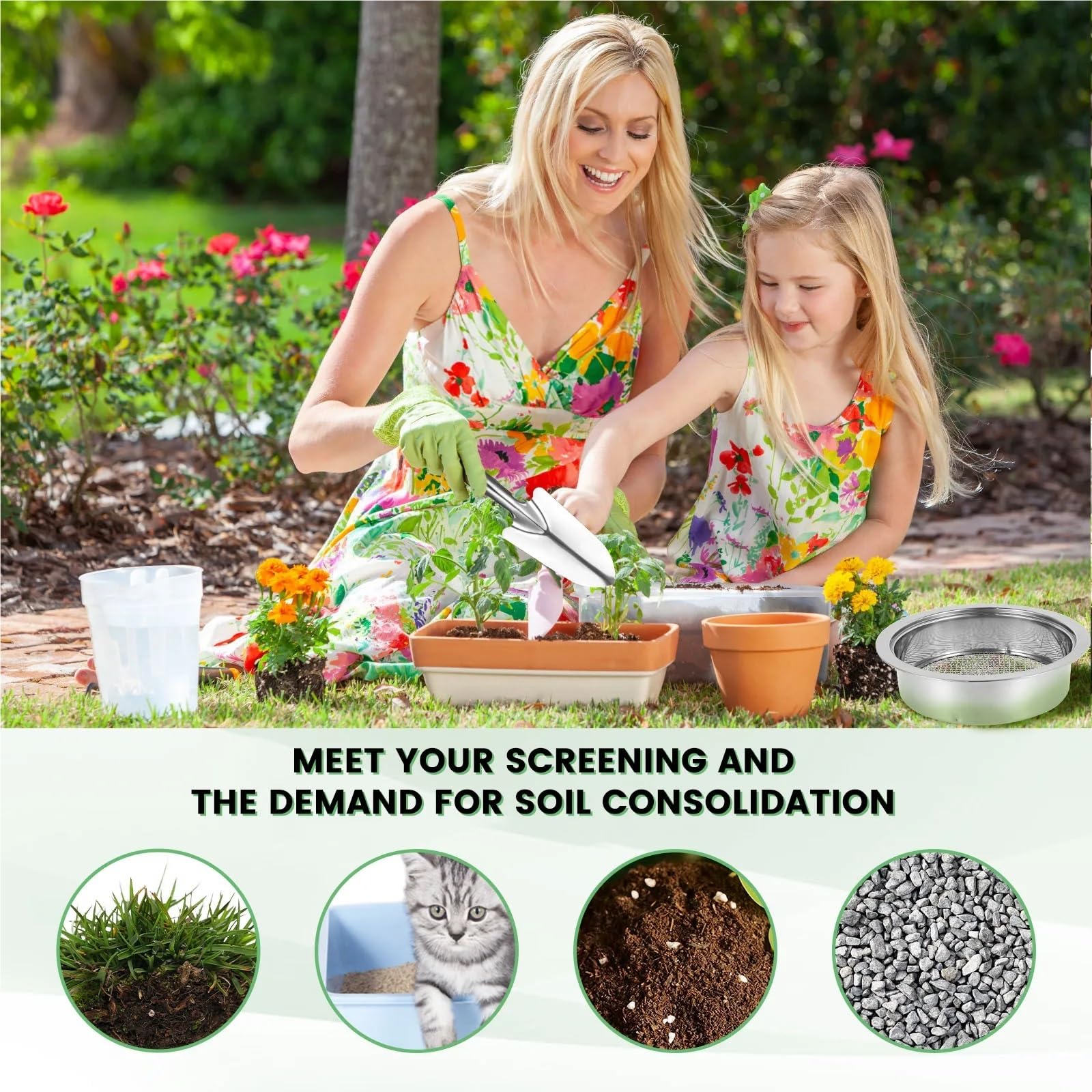 Handheld Seed Planter Gartenerde-Sieb-Set, Edelstahl, Bonsai-Steinsieb mit 5 auswechselbaren Filtermaschengrößen(A)