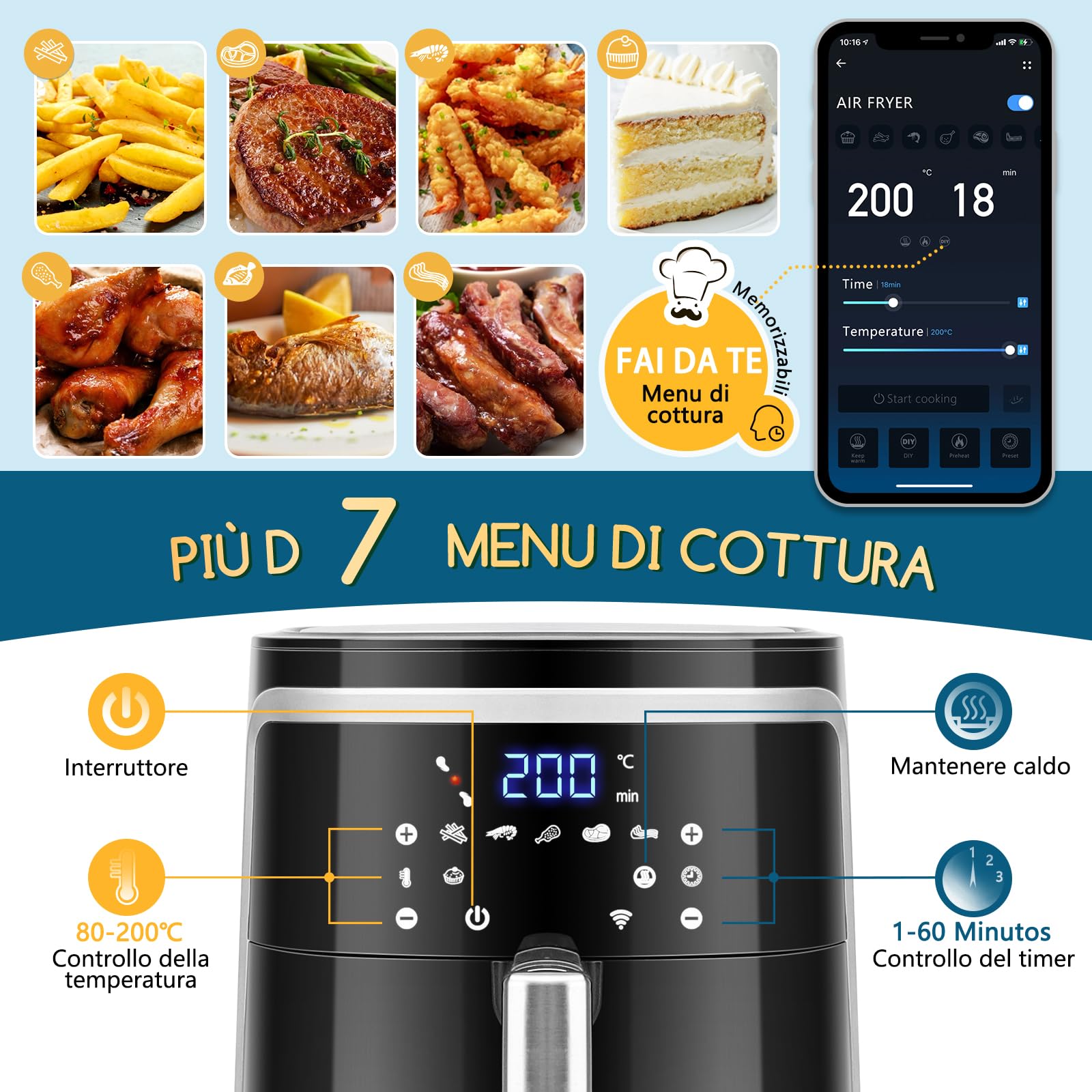 Aigostar Smart Cube - Friggitrice ad aria intelligente, 1900W, 7L. Modalità manuale, schermo LED, 7 funzioni preimpostate con mantenimento calore in modalità manuale. Connessione Wi-Fi. Senza BPA