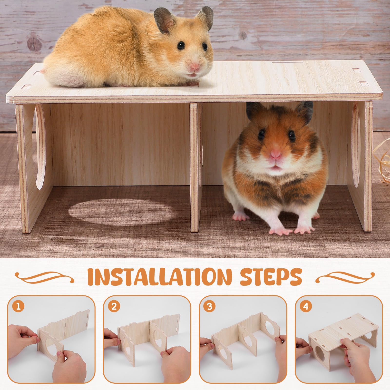 Veemoon Casa para Hámster de Madera Natural Diseño de Dos Habitaciones, Función para Dormir y Morder, Adecuado para Verano E Invierno