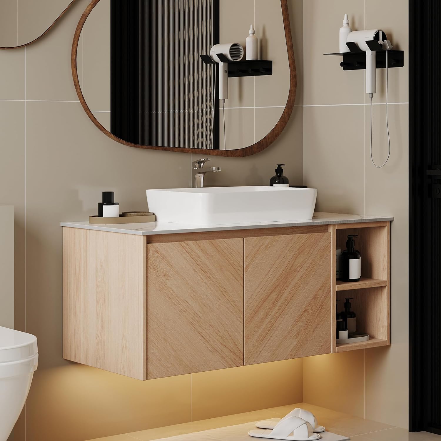 VAFON 36 Inch Floating Vanity Bathroom with Single Sink, Wall-Mounted Floating Bathroom Cabinet with Sintered Stone Countertop & White Ceramic Basin, Ample Storage and Open Shelves, Light Wood