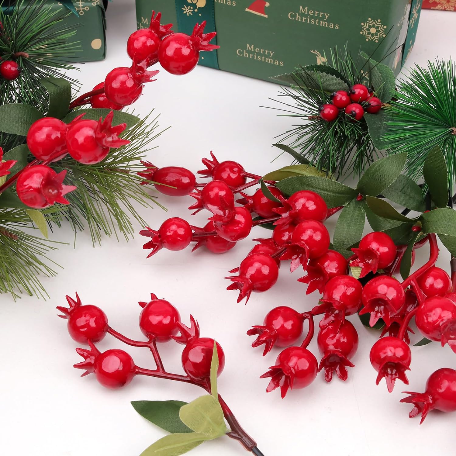 Woration 10pcs Artificial Red Pomegranate Berries Stems Branches Faux Fake Fruit Berry Picks for Home Floral Arrangements Christmas Valenintes Wreath Decorations- 7inch