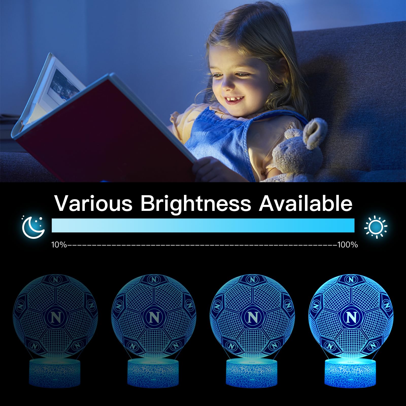 2 Pezzi Napoli Calcio Luce Notturna Bambini, Regalo de Calcio per Bambini 2 3 4 5 6 -12 anni, Calcio Lampade 3D Illusione Lamp con 16 Cambi di Colore, Regali di Natale Compleanno per Ragazza, Ragazzo