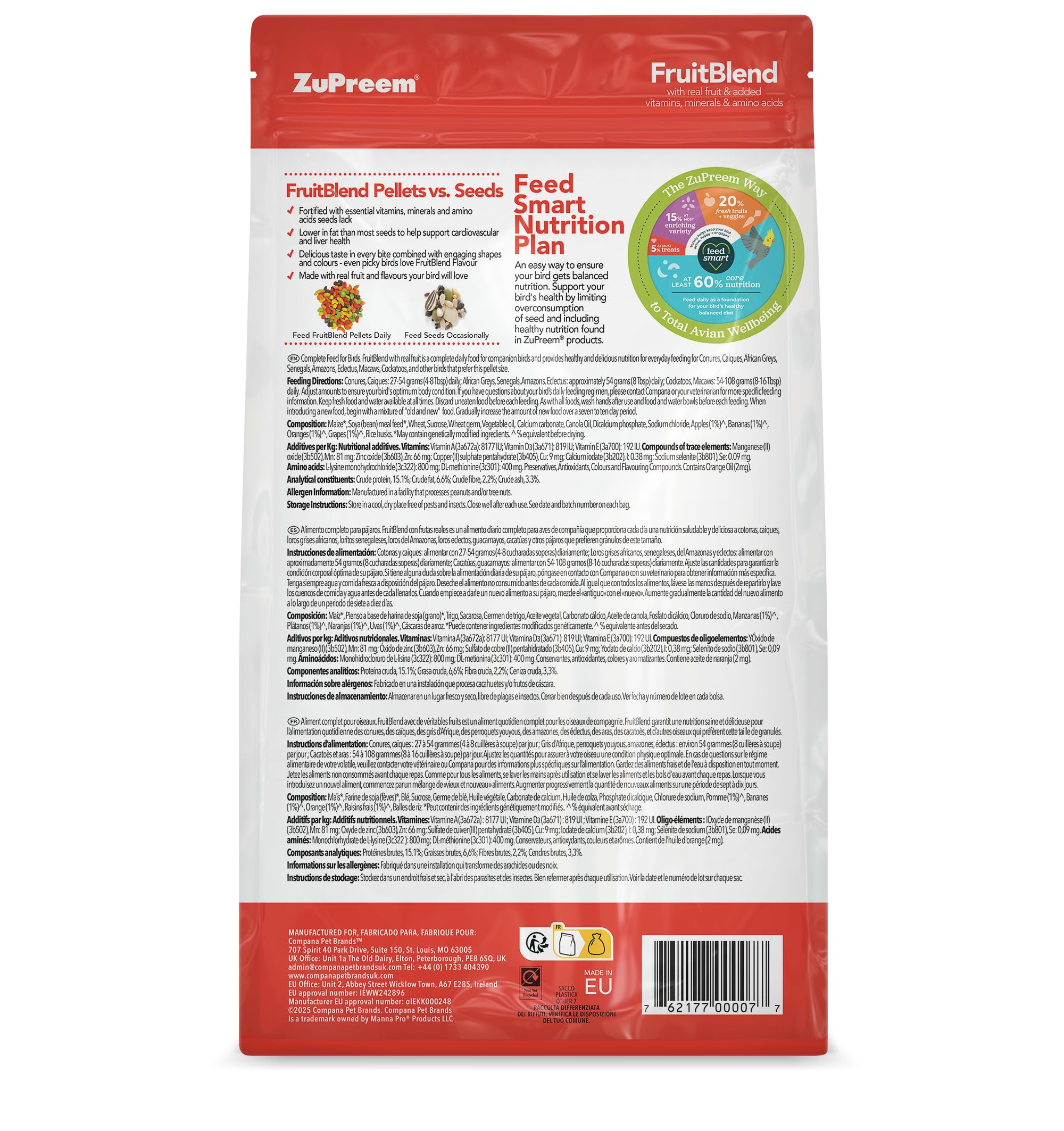 Zupreem Multifrutta Cibo per Uccelli da Azienda - Frutta e Vitamine - Mangime per Uccelli Indicato per Pappagalli, Ara, Cacatua, Caiques e Altri Uccelli Medio-Grandi e Grandi - 1,5 kg