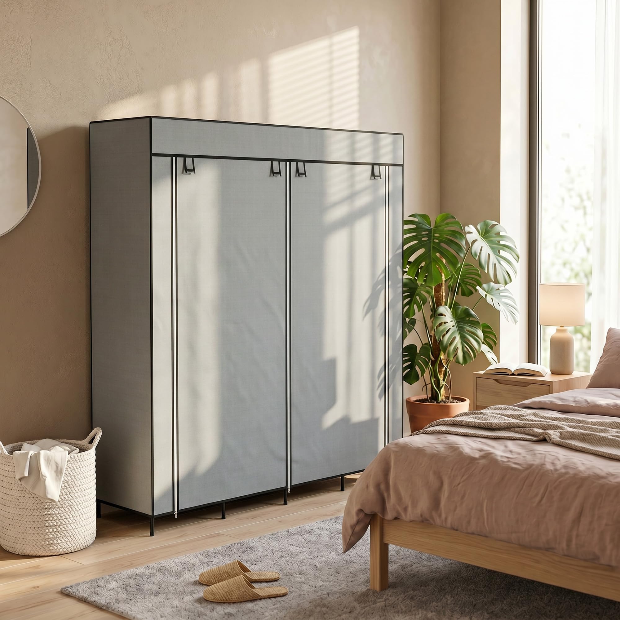 HOMCOM Armario de Tela para Dormitorio Armario Portátil con 10 Compartimentos 2 Rieles Colgantes y 4 Cajones de Tela 166x42,5x169,5 cm Gris Oscuro