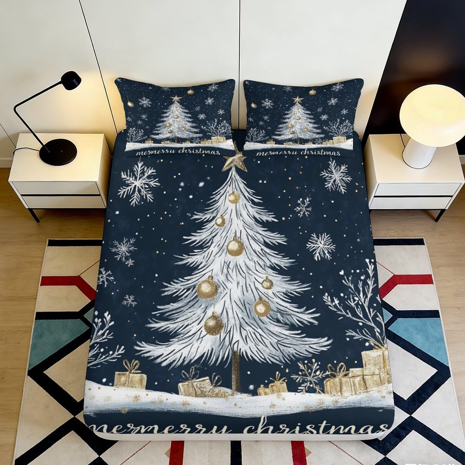 3D Printed Christmas Tree Fitted Sheet Microfiber Soft Durable Snowflake Bed Cover for Bedroom Dormitory Guest Room Mattress Protection 140x200x25cm