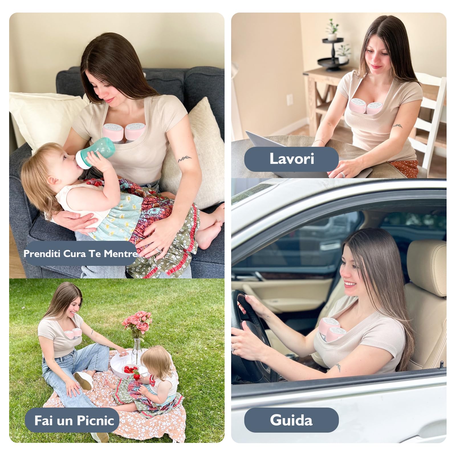 MOMMED Tiralatte Elettrico Doppio, MY-385 Aspira Latte Materno Portatile, 4 Modalità & 12 Livelli, Sistema Chiuso Anti-Perdita, 24 mm Tiralatte e 19 & 21 mm Inserti per Flange, 2 Unità