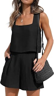 Women's 2023 Summer 2 Piece Outfit Linen Square Neck Tank Crop Top and Shorts Two Piece Lounge Matching Set
