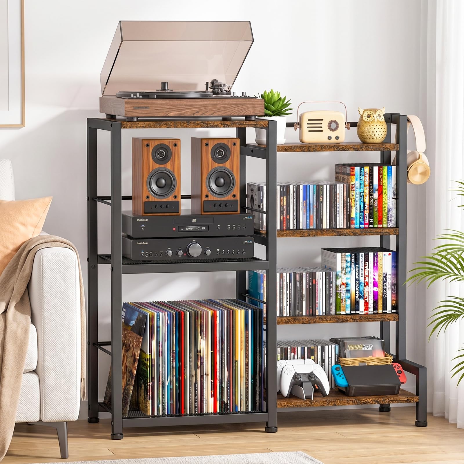 ikkle Scaffale per CD con supporto per dischi in vinile, scaffale per DVD e Blu-ray a 7 ripiani | Supporto compatto per CD e DVD, con supporto per giradischi, per CD, DVD, giochi e libri, per soggiorno, casa, ufficio