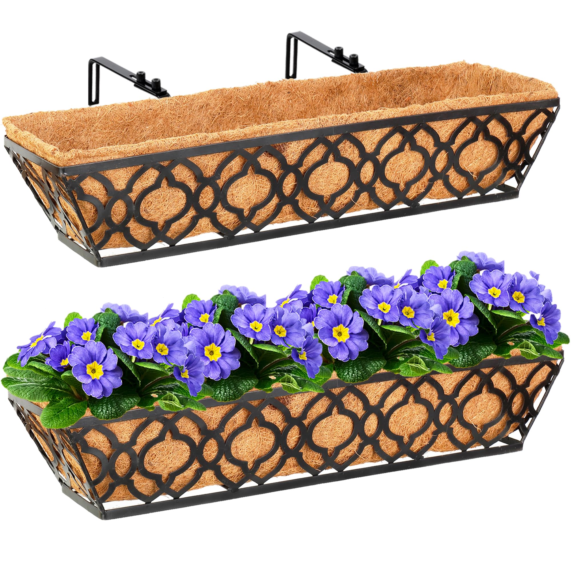 2pcs 24 Inch Window Deck with Coco Liner, 24" Window Boxes Horse Trough with Coconut Coir Liner,Metal Hanging Flower Planter Window Basket Deck Railing Planter Boxes for Outdoor Indoor Lawn