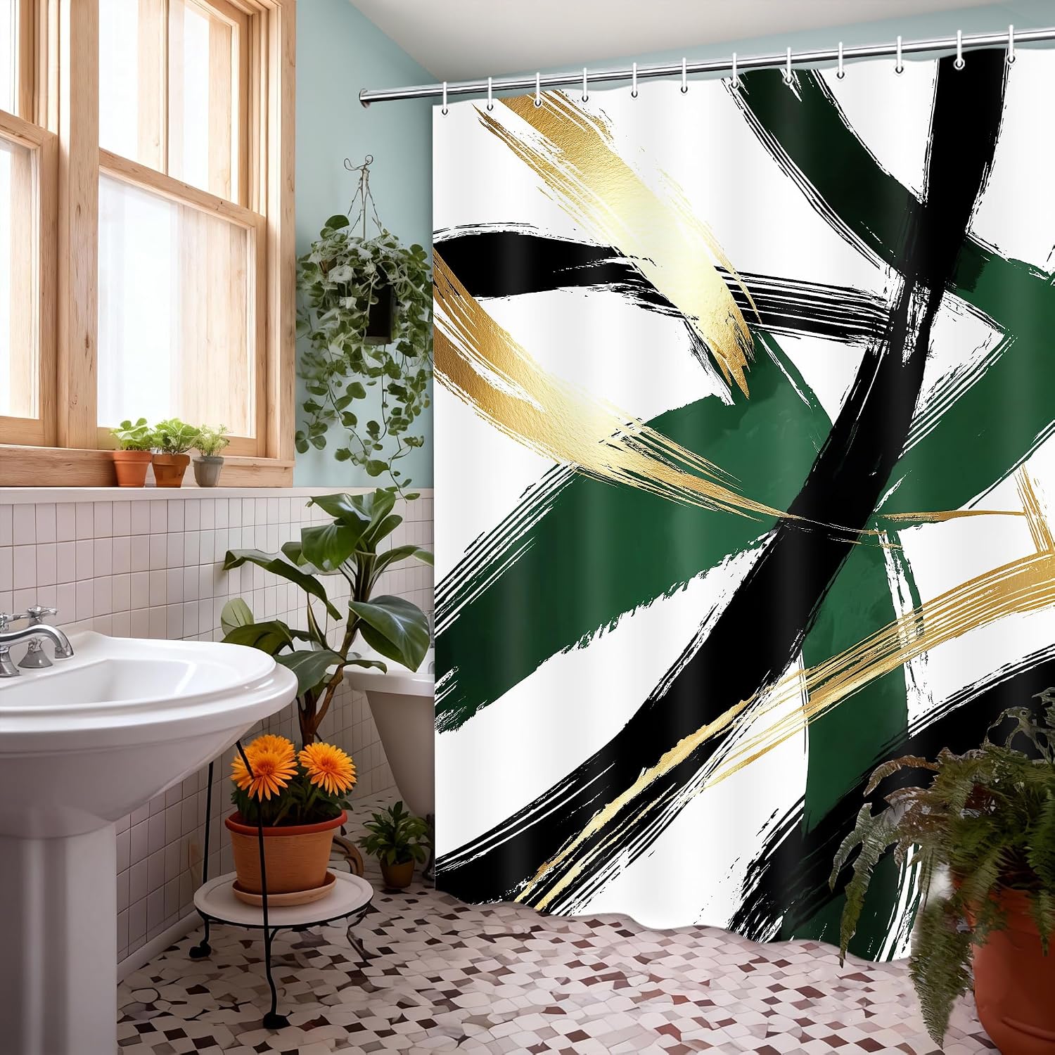 Abstract Emerald Green Gold Shower Curtain Set 60Wx72H Inches, Olive Green Minimalist Aesthetic Modern Contemporary Geometric Line Meutral Polyester Waterproof Bathroom Curtain with 12 Hooks