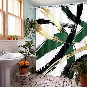 Abstract Emerald Green Gold Shower Curtain Set 60Wx72H Inches, Olive Green Minimalist Aesthetic Modern Contemporary Geometric Line Meutral Polyester Waterproof Bathroom Curtain with 12 Hooks
