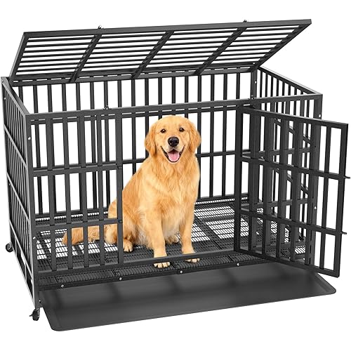 48″ Indestructible & Escape-Proof Heavy Duty Dog Crate for Large High-Anxiety Dogs Double Door, Heavy Duty Dog Kennel with Lockable Wheels,Easy-Clean Removable Tray Included