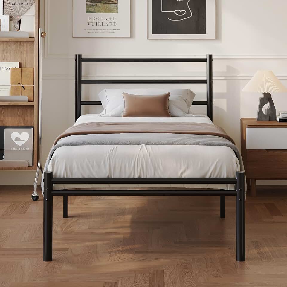 Yicensen Cama Individual de Metal 80 x 190 cm con Cabecero y Piecero, Estructura de Cama con Plataforma de Metal y Soporte de Lamas de Acero, Silenciosa, Fácil de Montar, 36 cm de Alto, Negra