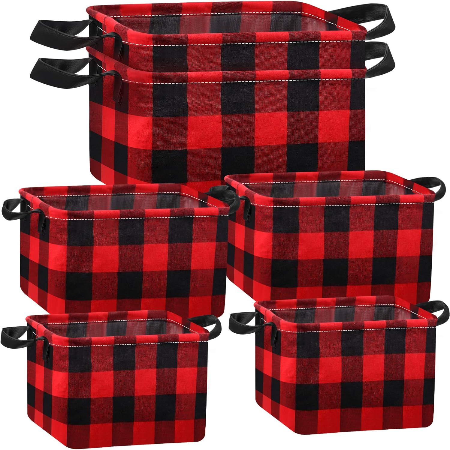 Boao 6 Pcs Buffalo Plaid Basket Square Storage Basket Black and White Buffalo Check Basket Bin Solid Storage Organizer with Handles Collapsible Square Organizer for Home Office