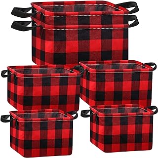 Boao 6 Pcs Buffalo Plaid Basket Square Storage Basket Buffalo Check Basket Bin Solid Storage Organizer with Handles Collapsible Square Organizer for Home Office (Red, Black, Plaid Style)