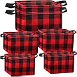 Boao 6 Pcs Buffalo Plaid Basket Square Storage Basket Buffalo Check Basket Bin Solid Storage Organizer with Handles Collapsible Square Organizer for Home Office (Red, Black, Plaid Style)