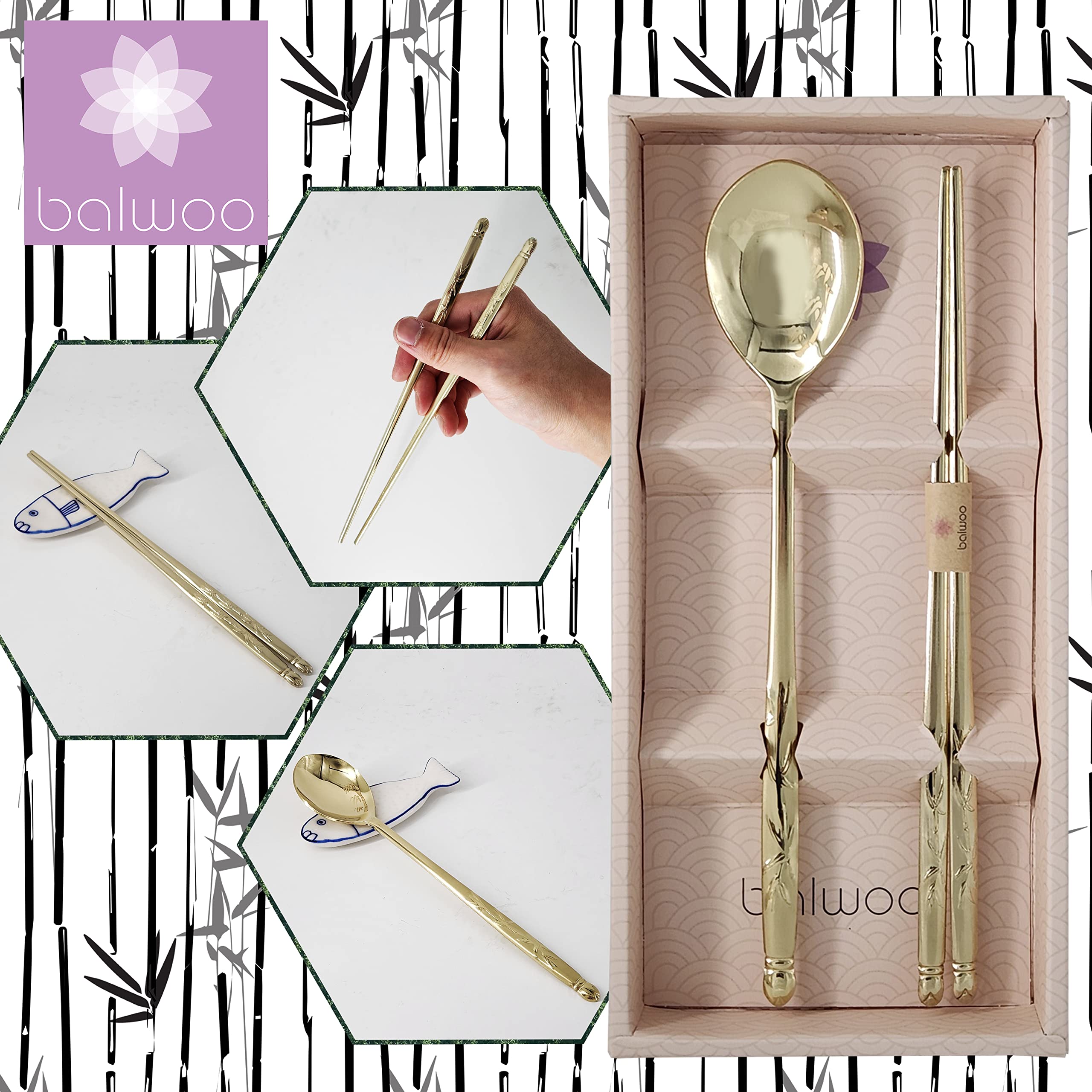 Balwoo [Made in Korea] Bamboo Design Sticky Rice Spoon Chopsticks Set Gold Titanium Plating 304 Stainless Steel Soup Spoon Ramen Noodle Chopsticks Flatware (1 Set)
