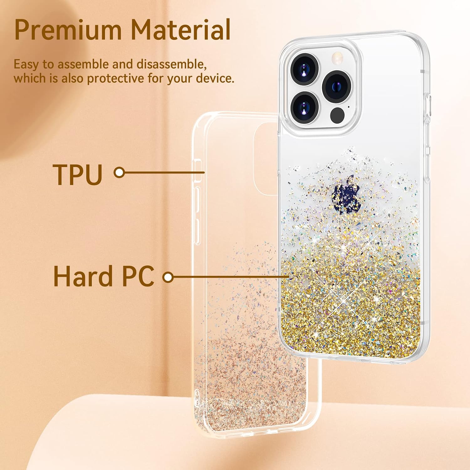 Caka Glitter Case Compatible with iPhone 13 Pro Max, iPhone 13 Pro Max Sparkle Bling Shiny for Women Girls Shockproof Support Wireless Charging Phone Case for iPhone 13 Pro Max 6.7 inch (Clear Gold)