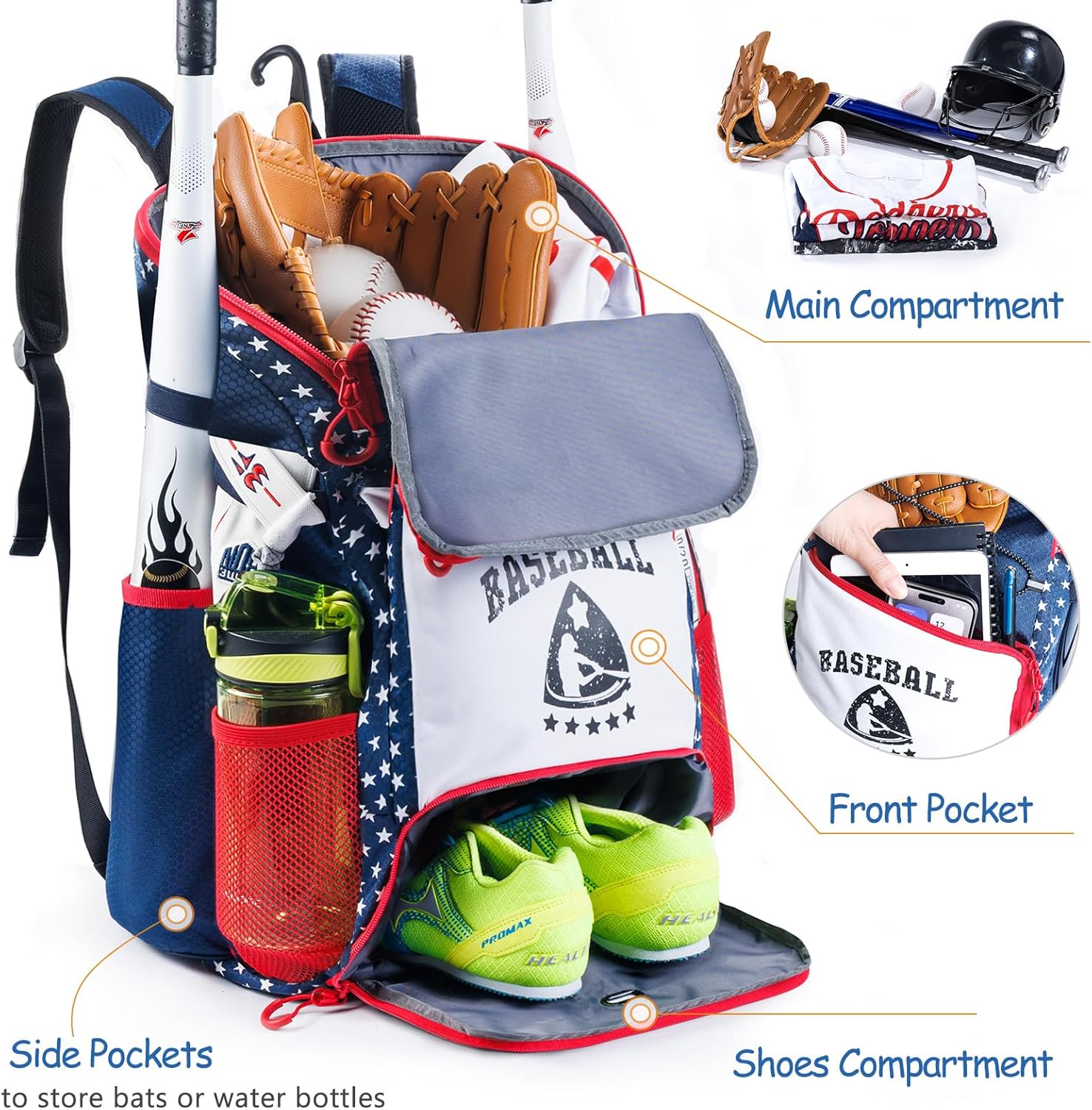 Baseball Bag for Youth & Adult with 4 Bat Sleeves - Softball Bat Bag with Shoe Compartment - Baseball Backpack for T-Ball, Softball Equipment, Baseball Gear, Baseball Bags for Boys 8-12 - Image 2