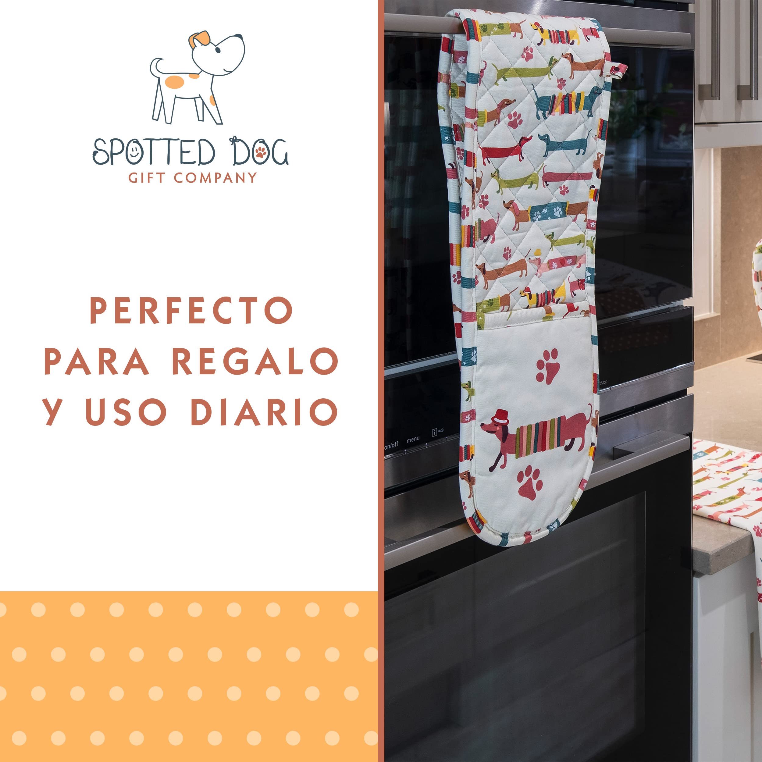 SPOTTED DOG GIFT COMPANY Juego de Regalo de 3 Piezas con Delantal, Paño de Cocina y Guante de Horno Doble, Accesorios Cocina Originales de Perros Salchicha, Regalos para Amantes de los Perros
