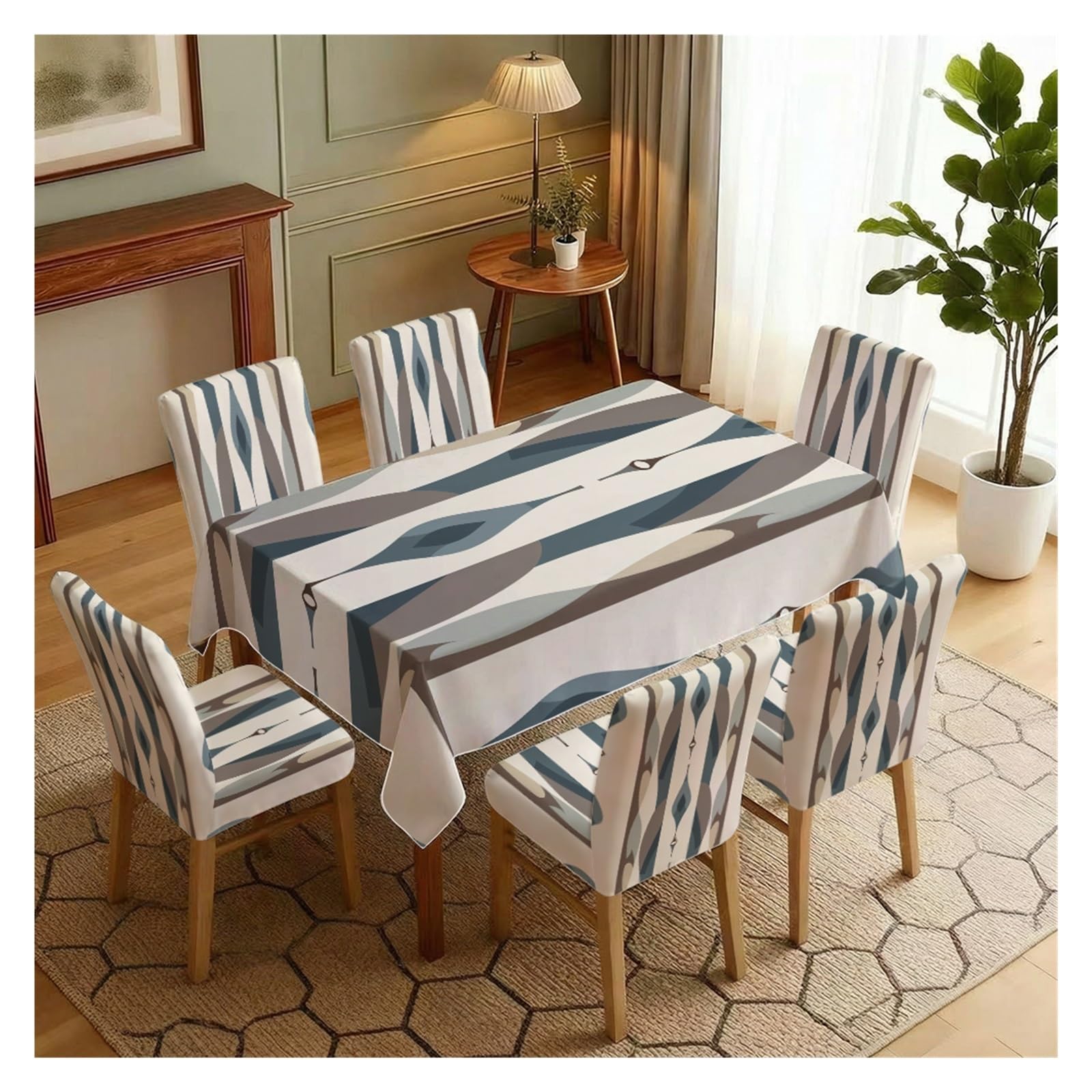 KXUAUV Stretch Dining Chair Slipcover & Tablecloth Set, Cream Base Blue Brown Abstract Geometric Print, 5/7 Pack, Modern Minimalist Neutral Home Decor Party Decor(7pcs Set: Tablecloth+Chair Covers)