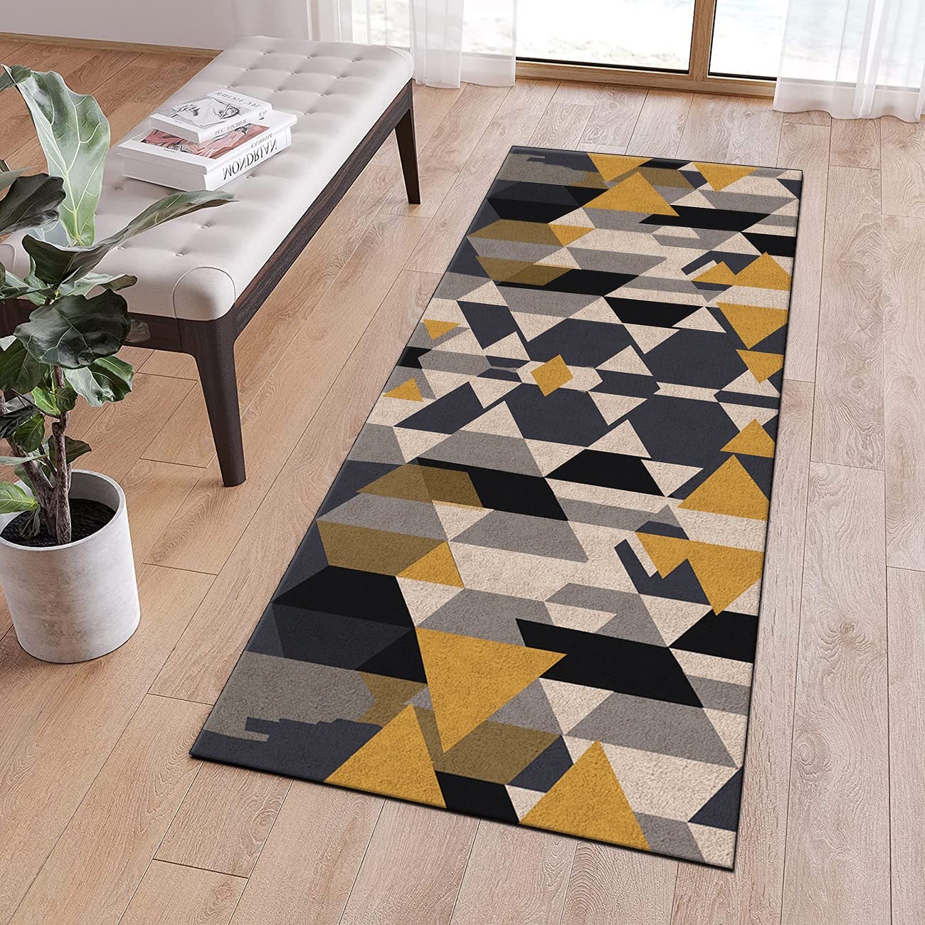 Wykładzina dywanowa, antypoślizgowy, nadaje się do prania, 90 x 180 cm, niebieski, beżowy, żółty, geometryczny, dywan do kuchni, bieżnik na korytarz, towar sprzedawany na metry, do sypialni, korytarza, 40-120 cm szerokości, regulowany rozmiar