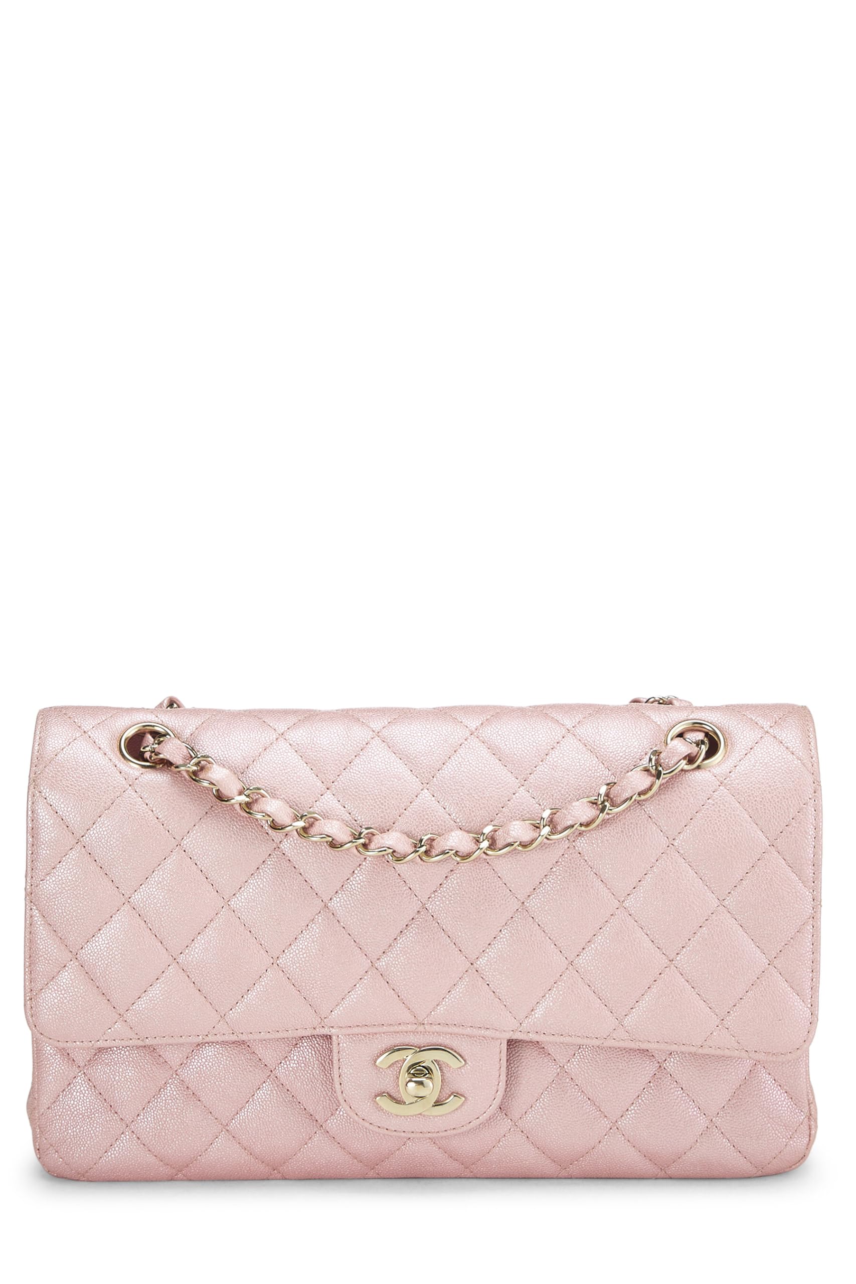 Chanel, Pre-loved Iridescent Pink Quilted Caviar Classic Double Flap Medium, Pink