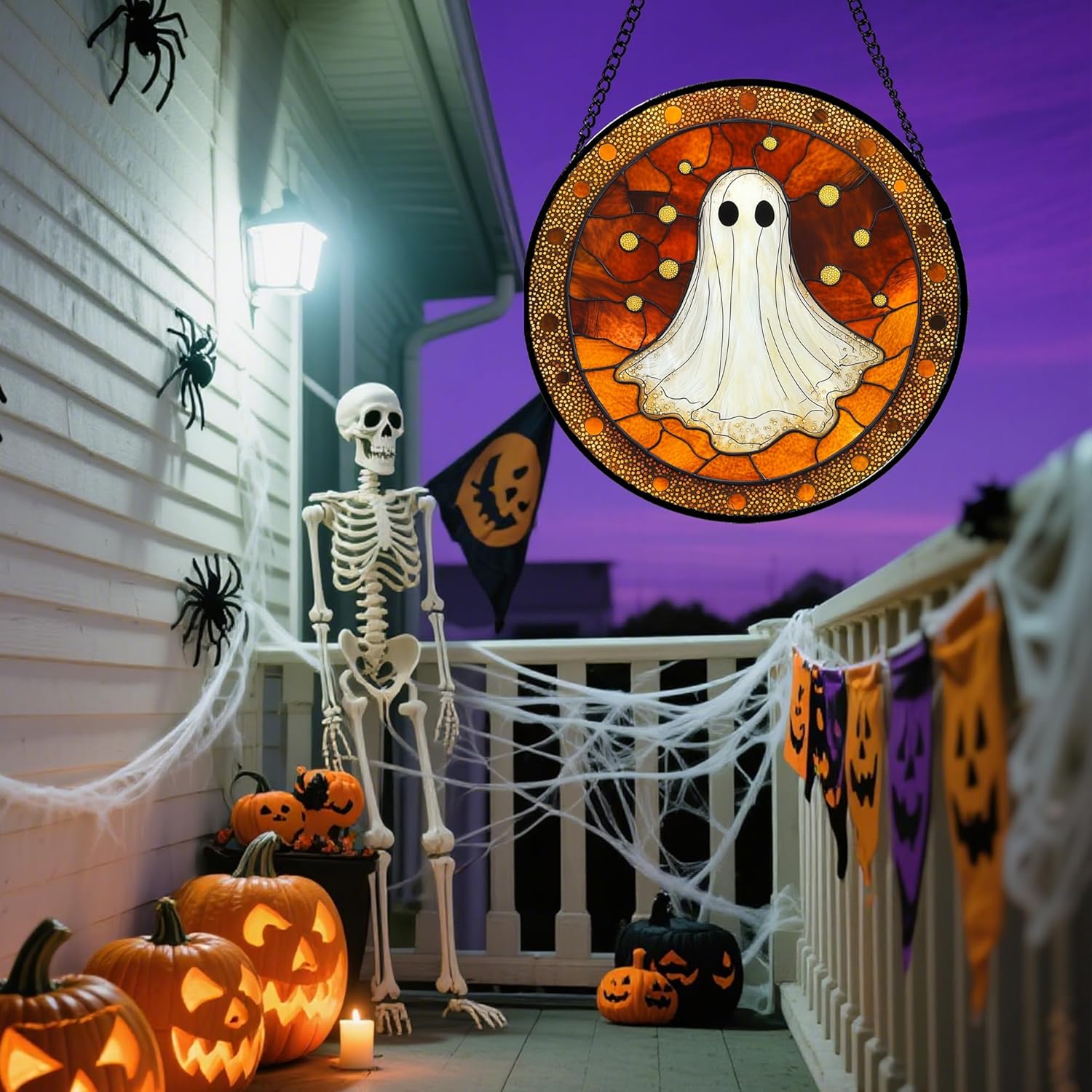Stained Glass Window Hanging - Halloween Decorations White Ghost Suncatcher for Doors Garden Indoor Spooky Funny Orange Sun Catchers Gothic Decor Horror Gifts for Women Men Friend 11.8 in
