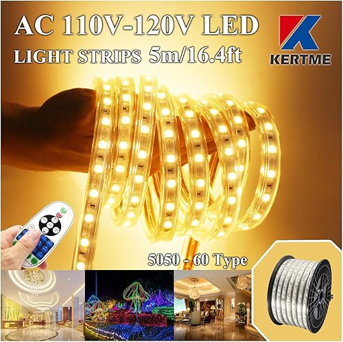 KERTME Tira de luces LED 5050-60 tipo CA de 110-120 V, flexible, impermeable, regulable, multimodos de luz LED + control remoto de 23 teclas para