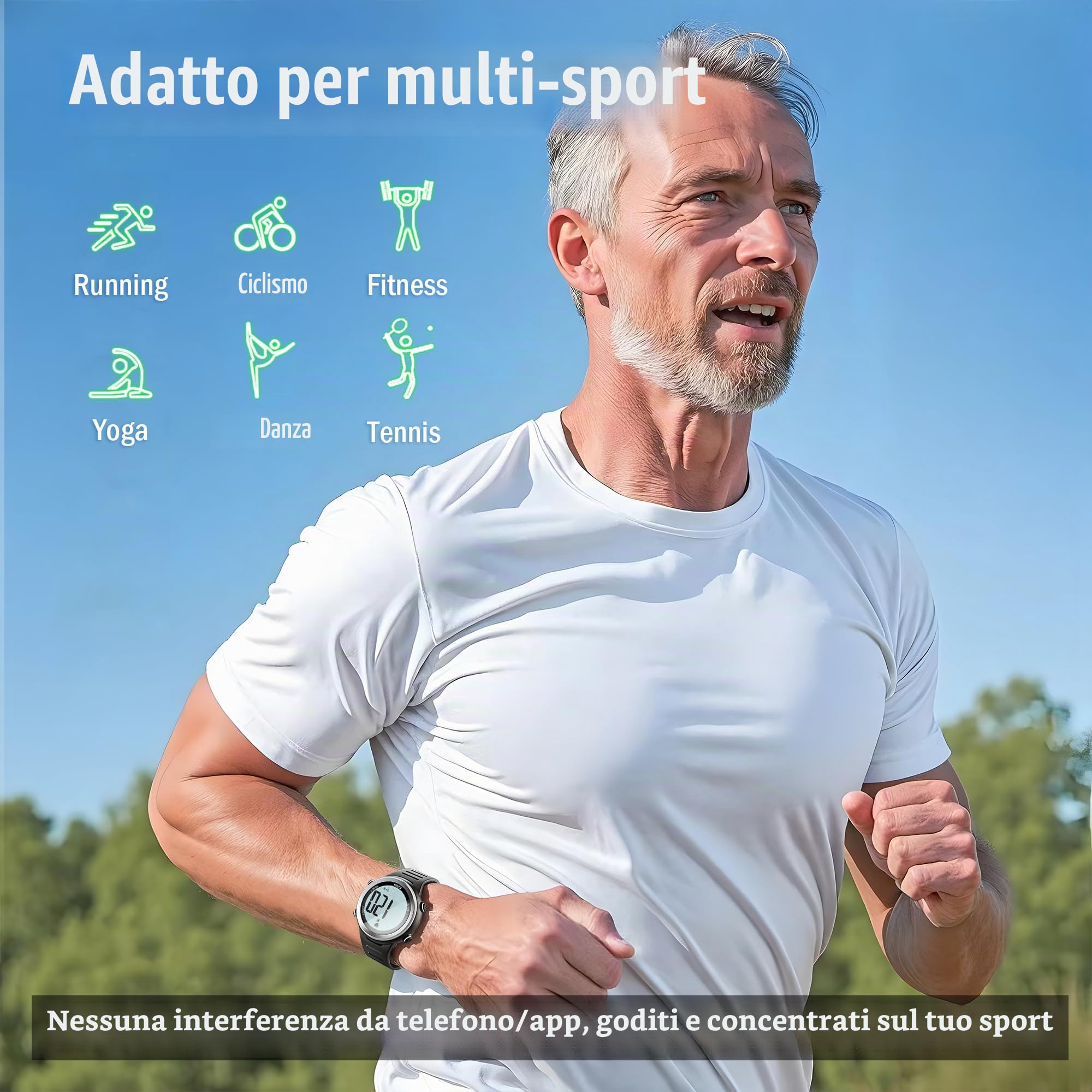 EZON Cardiofrequenzimetro e fascia toracica, cardiofrequenzimetro, orologio sportivo con HRM, impermeabile, cronometro, carillon orario T007