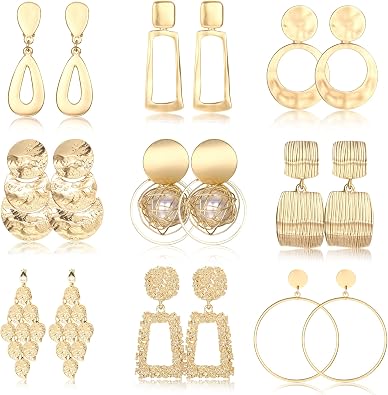 Subiceto 9 Pairs Clip on Earrings for Women Statement Clip On Earrings 14K Gold Plated Large Geometric Clip Earrings Square Rectangle Round Clip Dangle Earrings Non Pierced Earrings Set