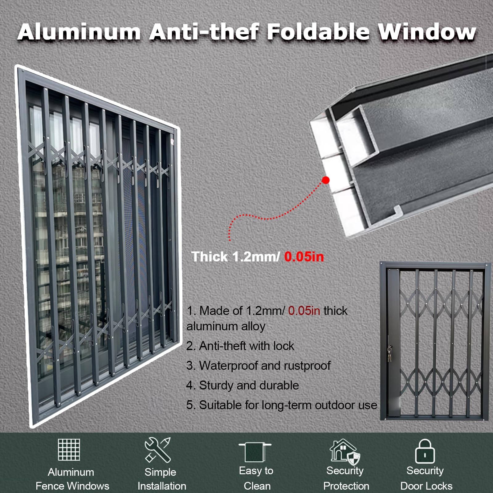Barandilla plegable de aluminio retráctil, barras de seguridad autoinstalables para interiores y exteriores con bloqueo antirrobo para ventanas, 67 x 47.2 pulgadas