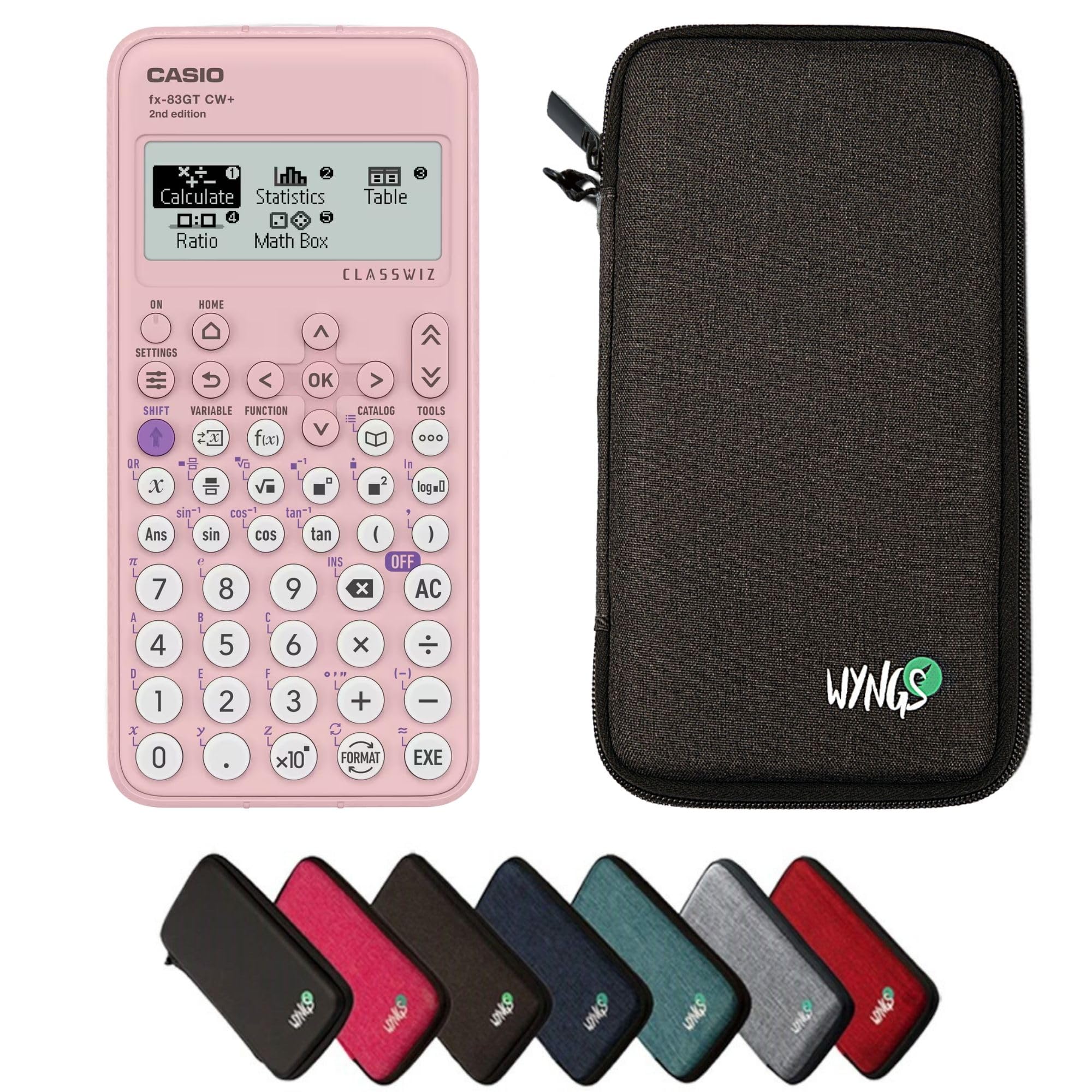 Casio fx-83GTCW+ Pink including a WYNGS protective case in Dark Grey - Basic Set