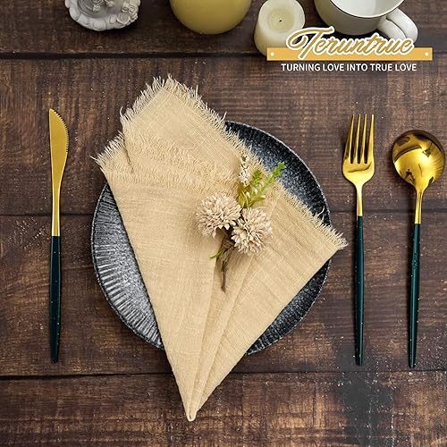 Miniatura 5 de Paquete de 40 servilletas de tela marfil de algodón y lino a granel de 16.5 x 16.5 pulgadas, servilletas de gasa hechas a mano con flecos, de