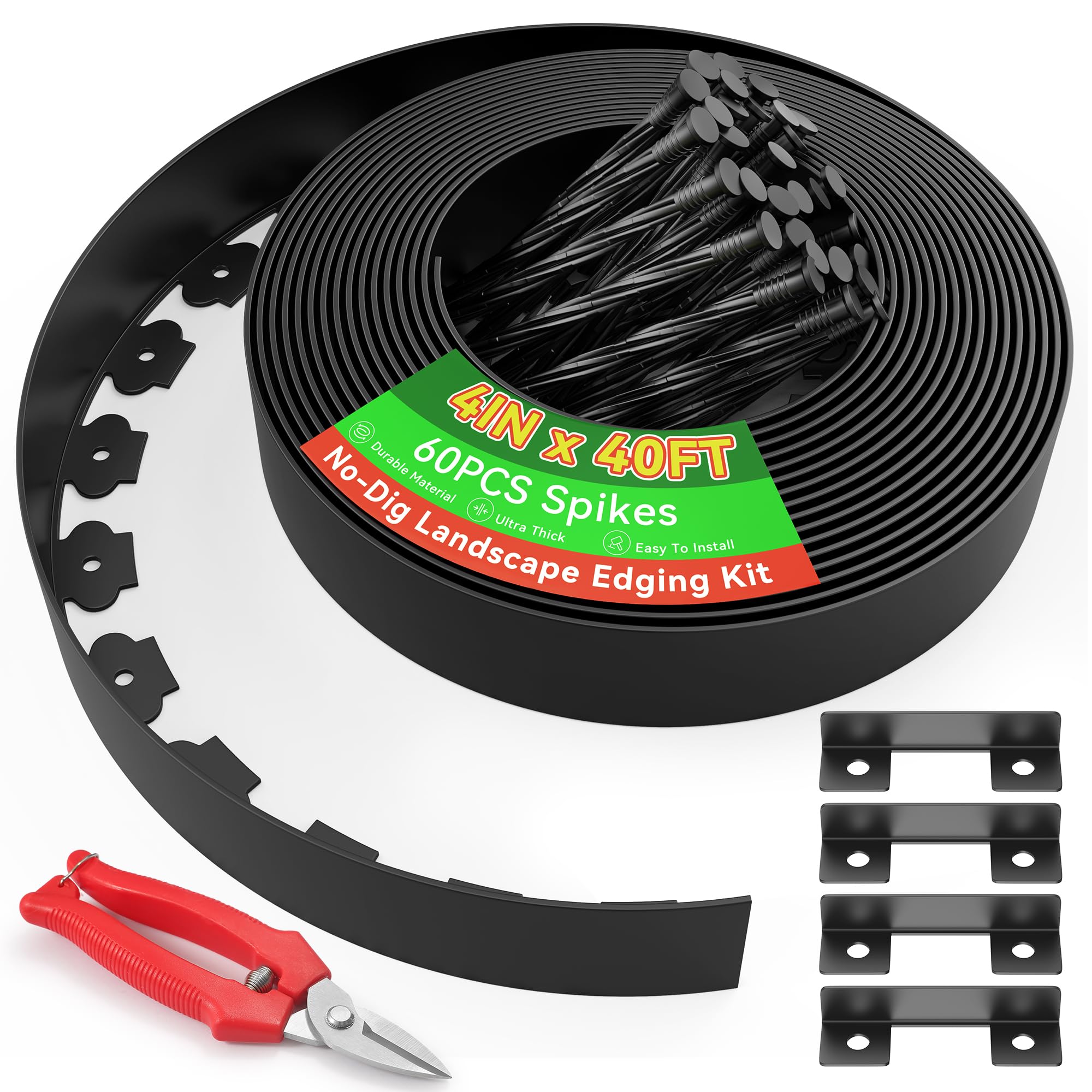 Graxury 4" Tall 40ft No Dig Landscape Edging Border with 60PCS 8" Plastic Spikes & 4 PCS Connectors - Garden Lawn Edging Kit with a Shears for Landscaping, Lawn, Flower Beds and Yard