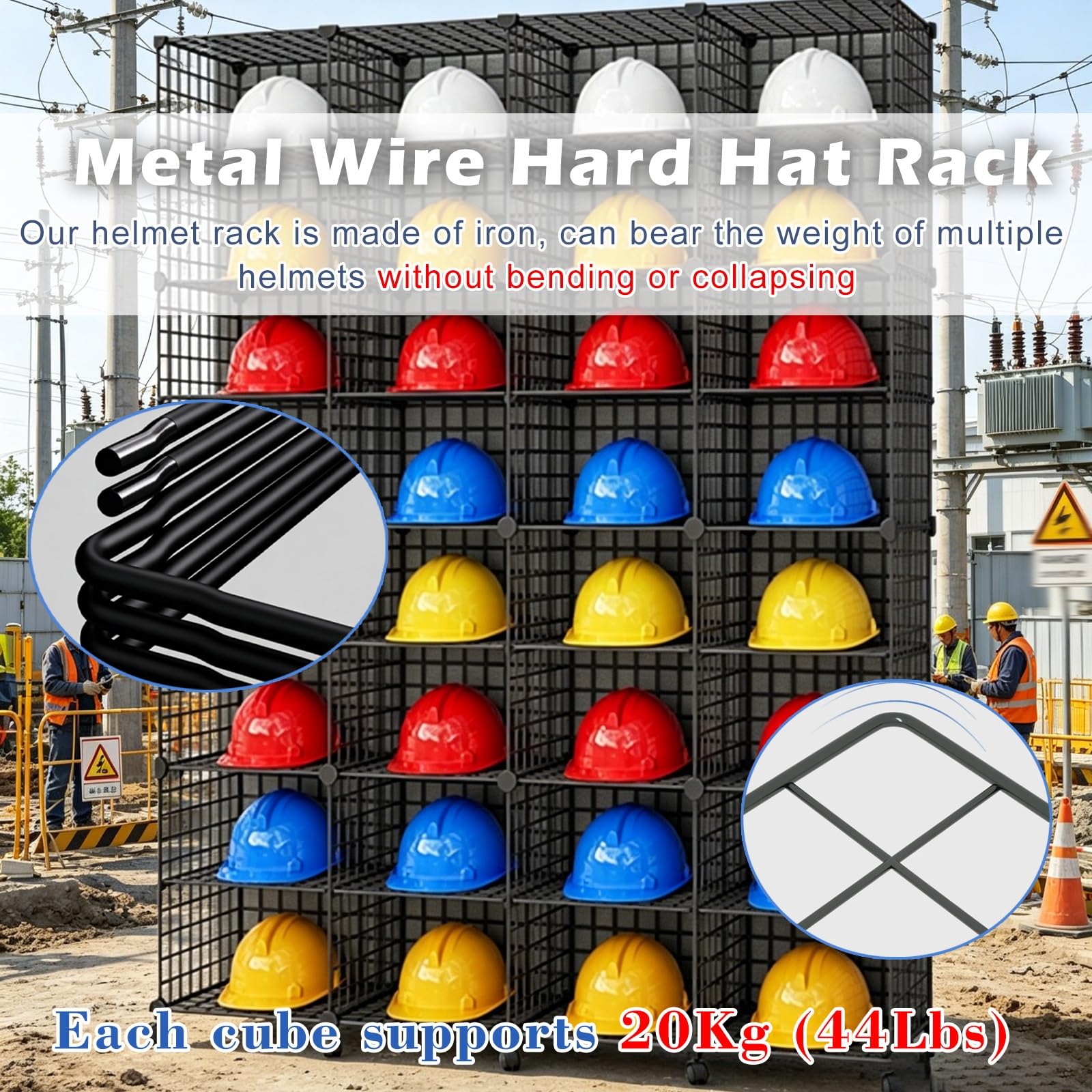 soporte casco moto Organizador de almacenamiento apilable con rejilla de alambre de hierro, 30 cubos grandes, para casco, estante negro para casco de seguridad para fábrica y taller(6pc)