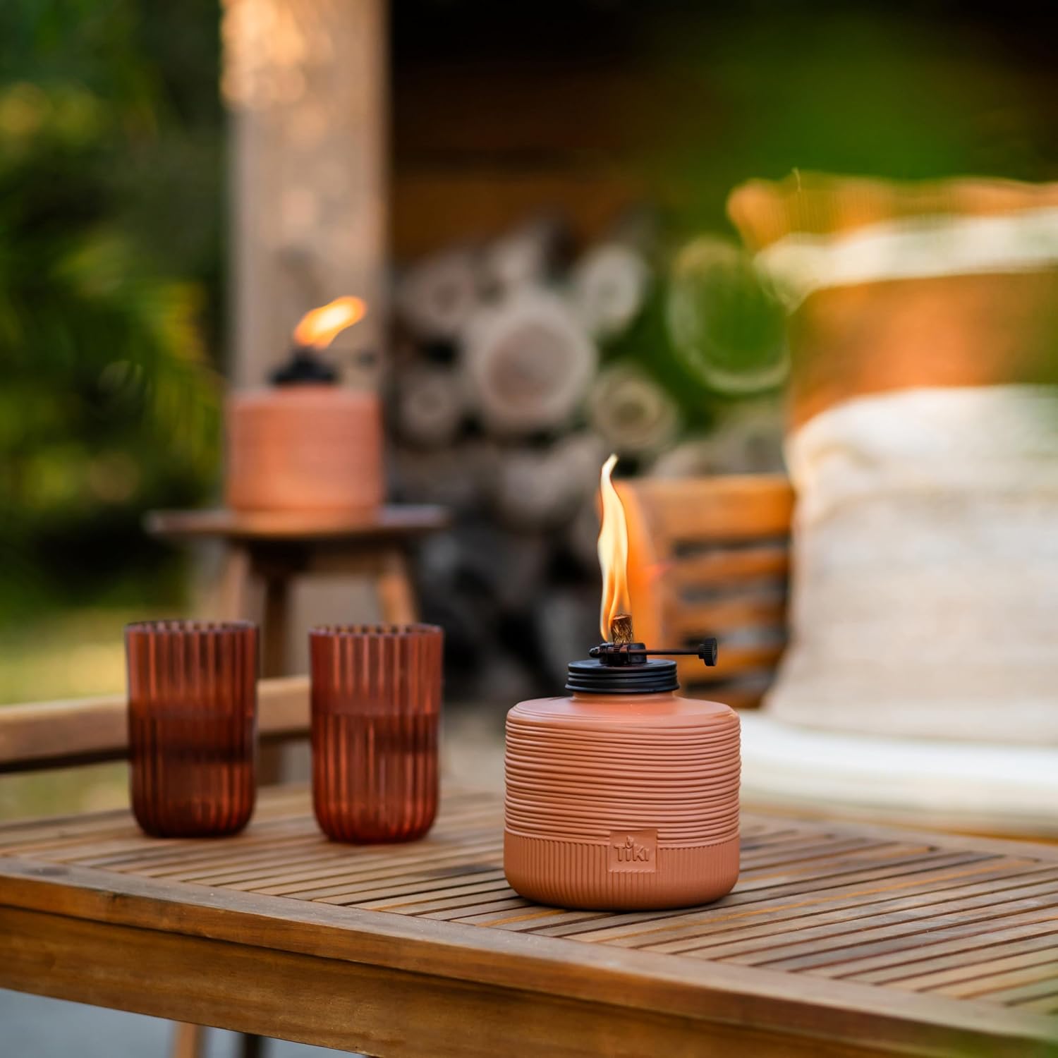 TIKI Amber Horizon Glass Table Torches 2-Pack, 6.5" – Orange Outdoor Tiki Tabletop Torches for Patio & Backyard | Adjustable Flame Height | Weather-Resistant | Includes Long-Lasting Wick & Snuffer
