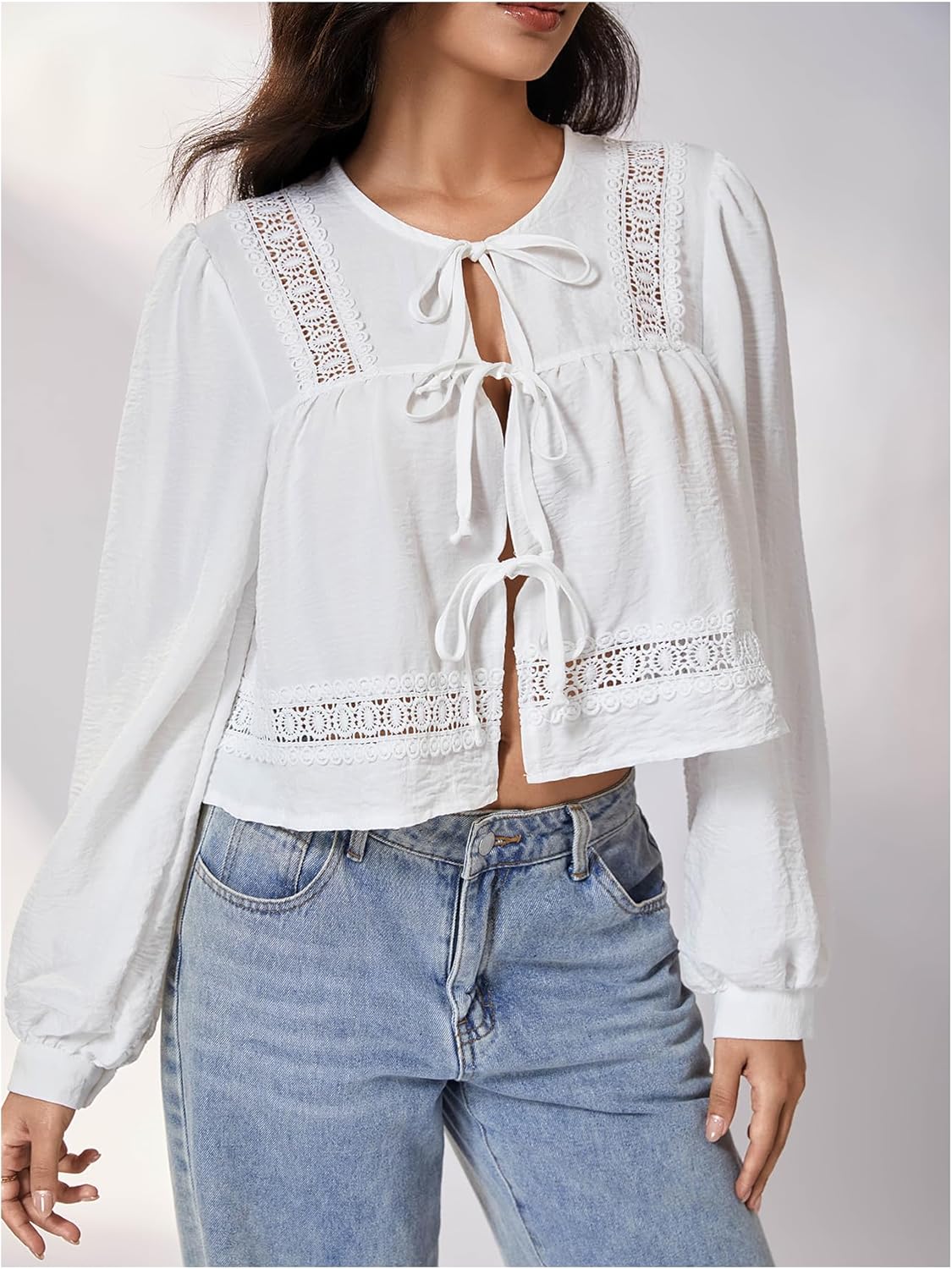 MakeMeChic Women's Boho Top Peplum Long Sleeve Shirt Tie Front Crew Neck Summer Blouse - Image 5