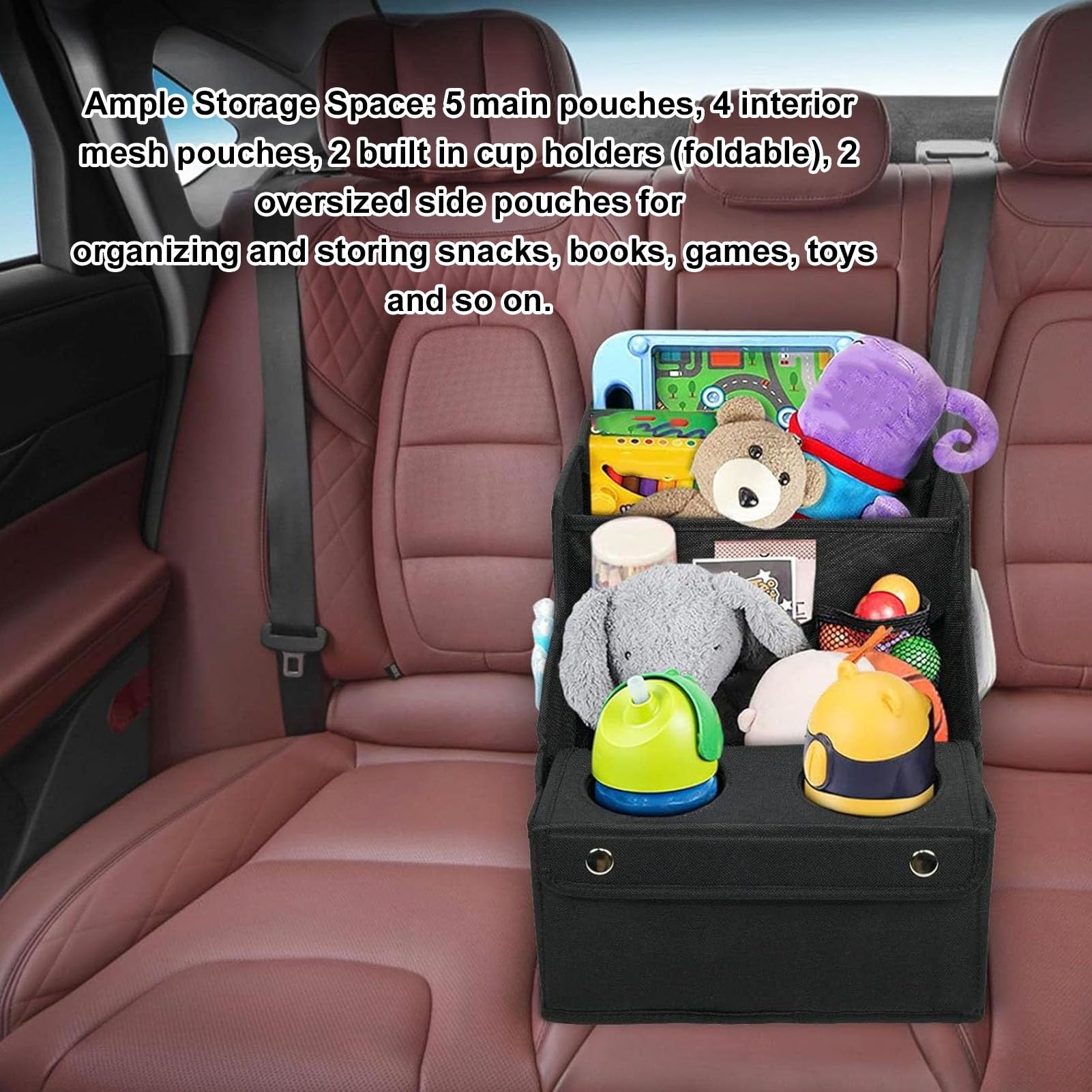 Asixxsix Organizzatore del Seggiolino per Auto, Organizzatore di Auto Sul Sedile Posteriore con Portate da 2 Tazze e 11 Sterzo Scomparti Pieghevoli di Stoccaggio del Sedile