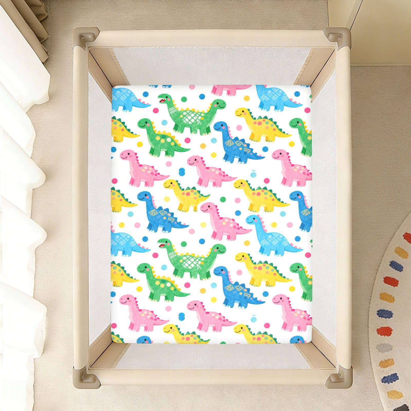 Pastelowy wzór dinozaura pościel do łóżeczka dla chłopców dziewcząt bawełna playard prześcieradło miękkie rozciągliwe unisex dziecko przedszkole 1 opakowanie