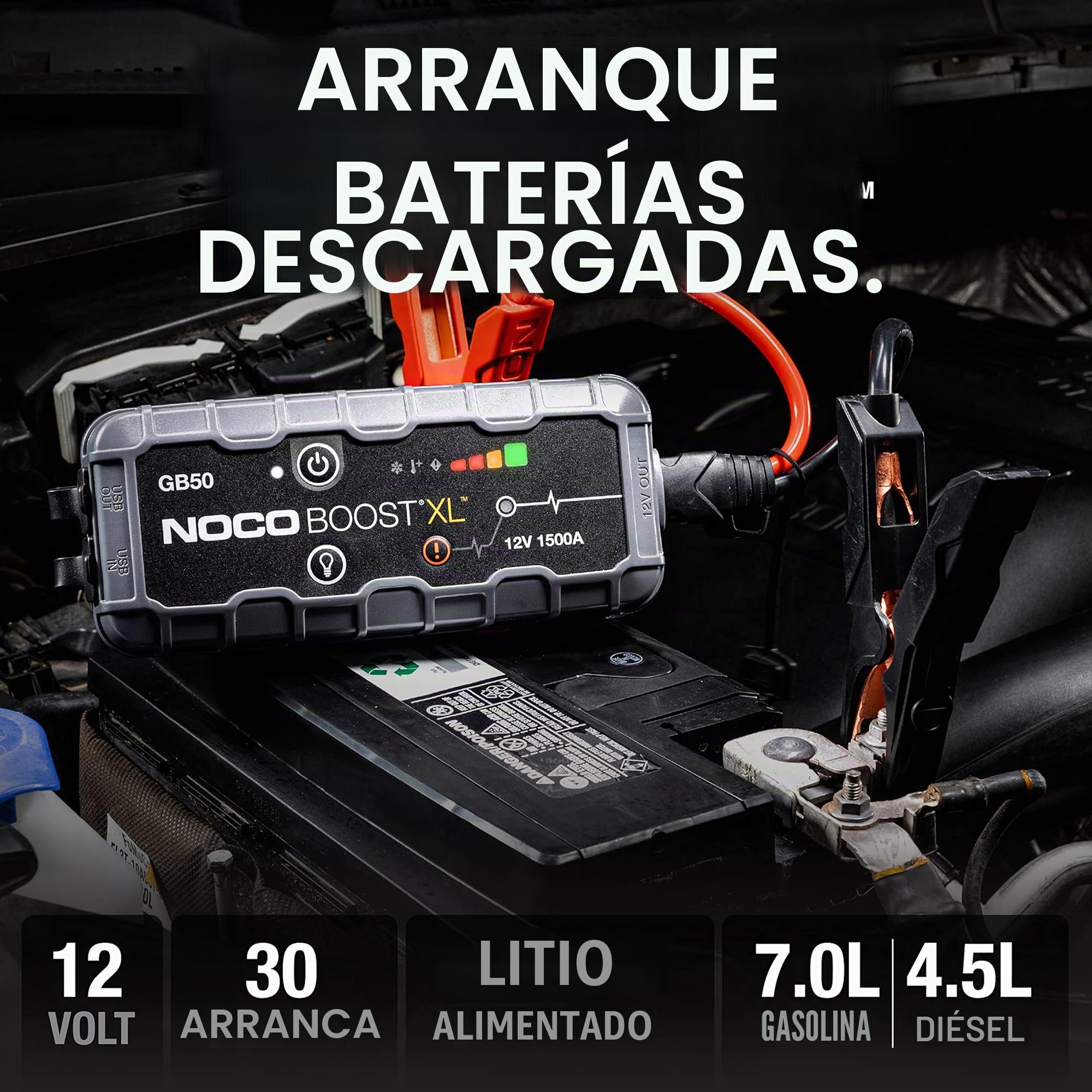 NOCO Boost GB50: Arrancador de Batería de Litio de 1500A UltraSafe – Antichispas y Protección contra Polaridad Inversa – Power Bank USB y Linterna LED – para Motores de Gasolina 7,0L y Diésel 4,5L