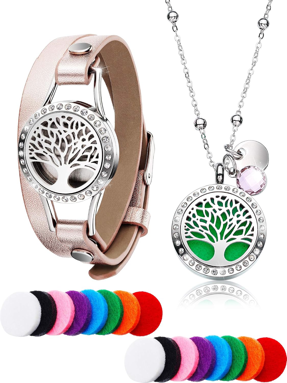 Chuangdi Tree Life Essential Oil Diffuser Diamond Necklace with Stainless Steel Aromatherapy Diamond Locket Leather Bracelets, 16 Pieces Washable Refill Pad in Different Color, for Girl Women