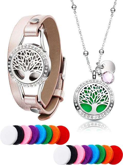 Tree Life Essential Oil Diffuser Diamond Necklace with Stainless Steel Aromatherapy Diamond Locket Leather Bracelets, 16 Pieces Washable Refill Pad in Different Color, for Girl Women