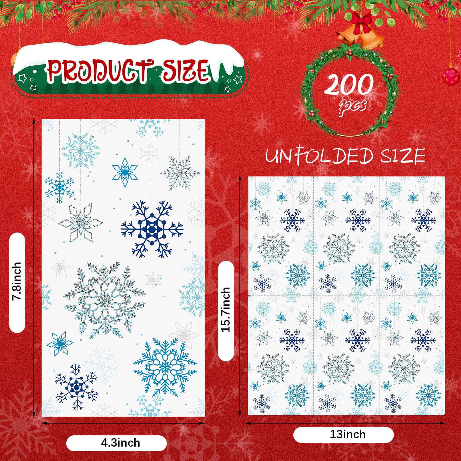 PerKoop 200 servilletas de papel de Navidad, servilletas de copo de nieve, con temática de nieve, toalla de mano desechable, servilletas decorativas para cena, servilletas de invitados para Navidad