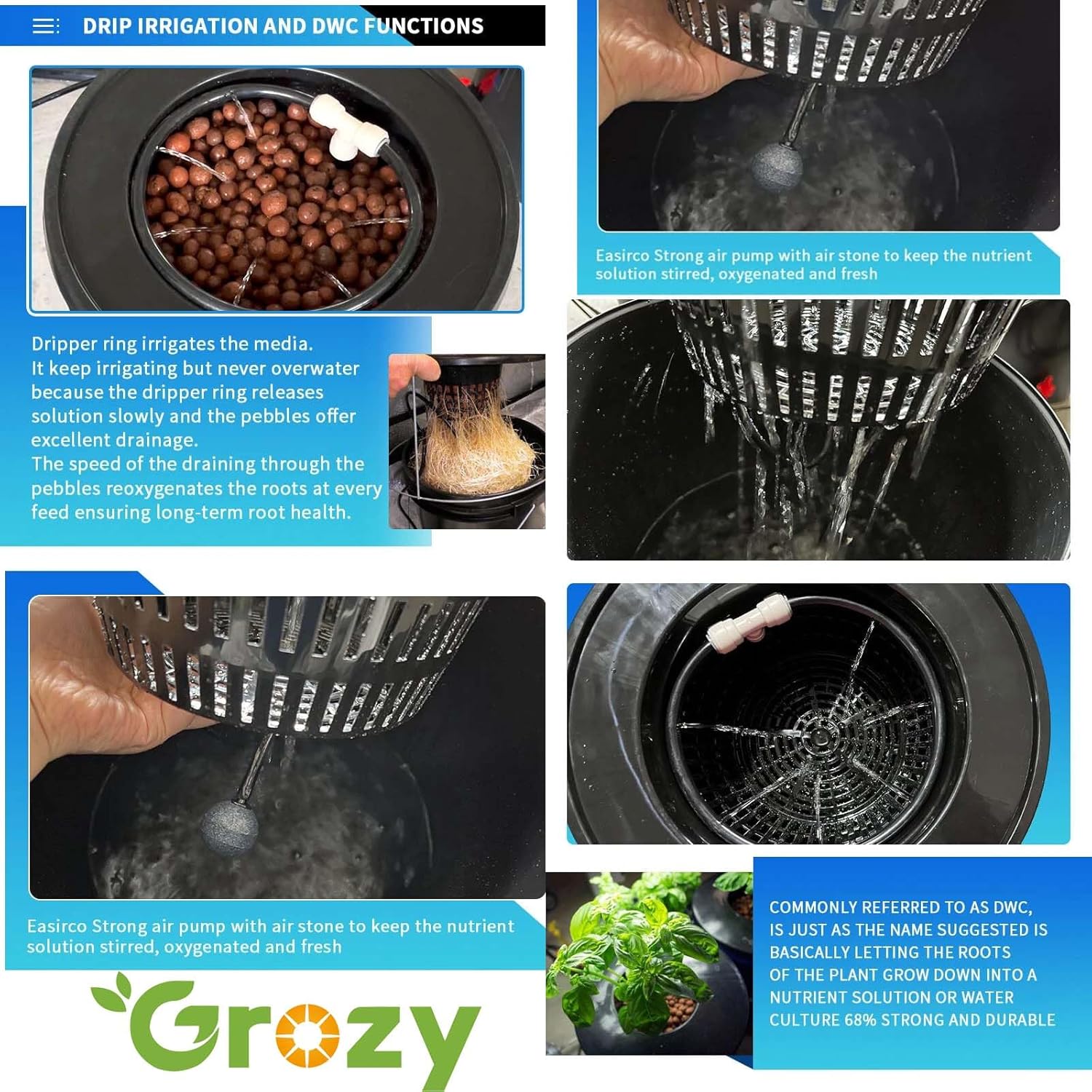 GROZY DWC Hydroponics Grow System Black Bucket Kit with Air Pump, 5 Buckets, 5 Gallon Each, 15x12x12 Inches, Indoor Growing